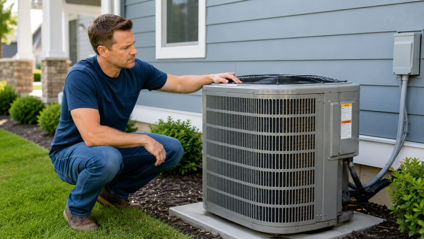 Homeowner inspecting an outdoor AC unit for debris