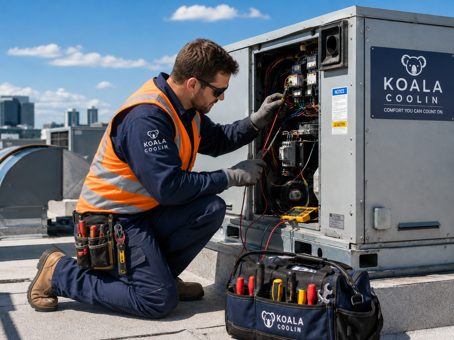 Technician performing maintenance on a commercial HVAC unit in Miami